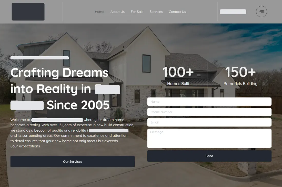 A builder's homepage from our tests. The homepage: a white house, a headline and a contact form
